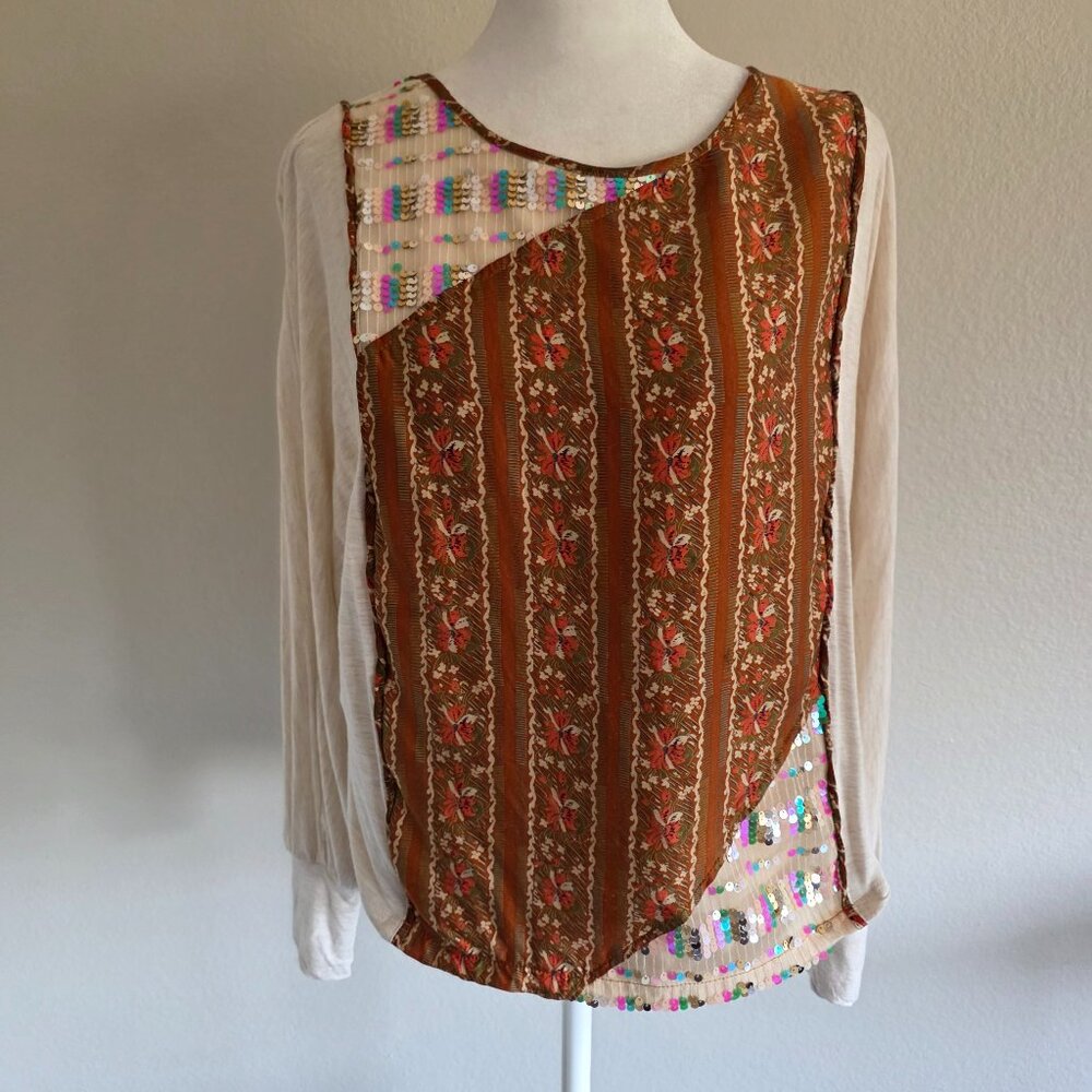 Anthropologie TINY Sammi Top Puff Sleeve Sequins Boho Blouse Neutral Women XS